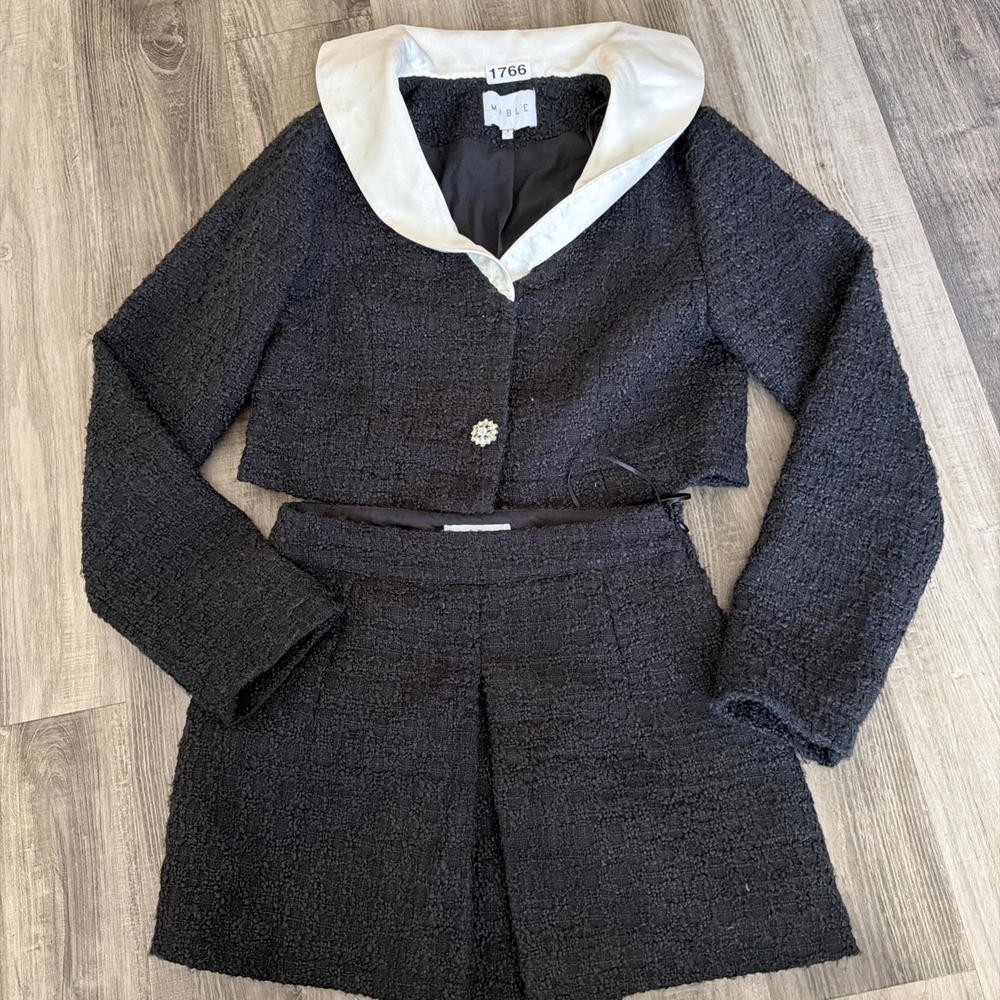 Mable Anthropologie Black Cream Tweed Mini Skirt & Long Sleeve Jacket Set Small
